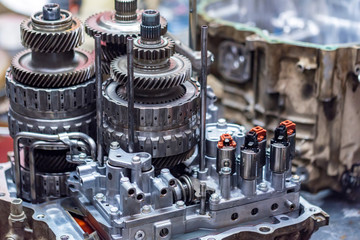 Close-up helical gears in car automatic transmission