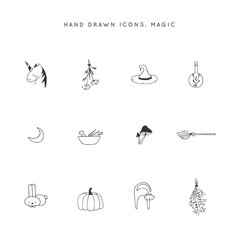 Vector hand drawn logo elements. Set of isolated icons. Magic and fairy tales theme.