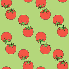 Seamless pattern with red tomatoes on light green background for fabric, textile, clothes, tablecloth and other things. Vector image.