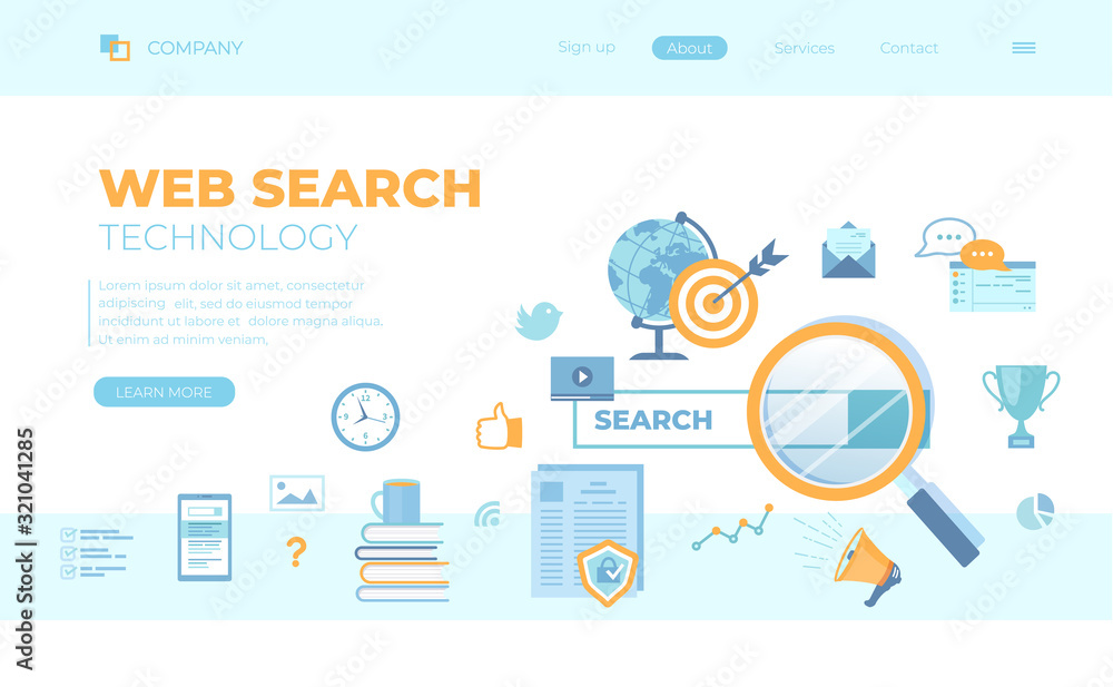 Poster web search technology, search engine, seo, data finding. search bar with result elements. can use fo