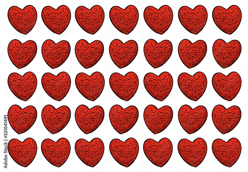 Poster background texture: many red hearts in a row. lines with hearts on a light background.