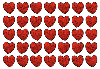 Background texture: many red hearts in a row. Lines with hearts on a light background.