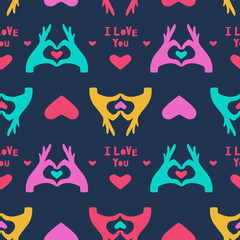 Seamless pattern with hearts. Hands holding a heart. Vector