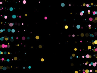 Fototapeta na wymiar Memphis round confetti festive background in cyan blue, pink and yellow. Childish pattern vector.
