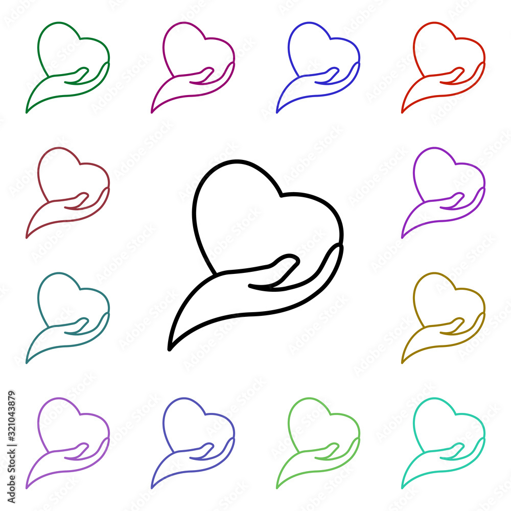 Poster hand holding a heart multi color style icon. simple thin line, outline vector of heartbeat icons for