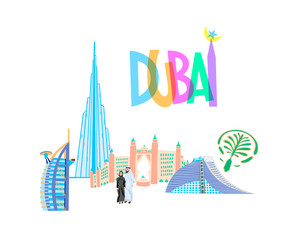 contemporary travel postcard or banner - welcome to Dubai with famous buildings and arab couple in tradition muslim wearing abaya and long coat flat style