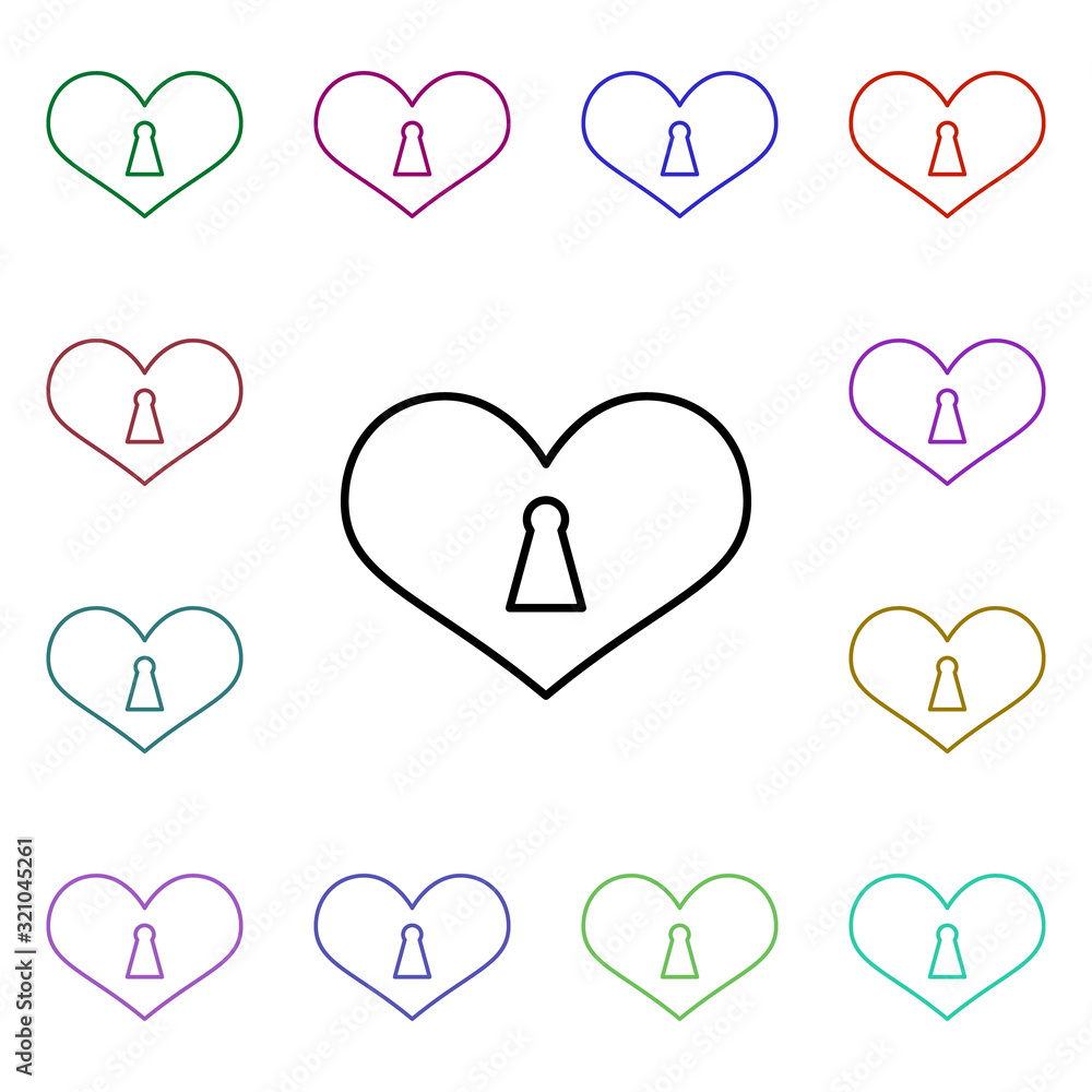 Poster heart lock with key hole multi color style icon. simple thin line, outline vector of heartbeat icons