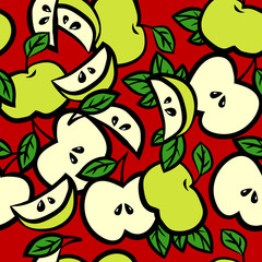 Naklejka premium Seamless background with apples with leaves and apple slices
