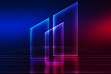 Abstract dark background of empty scene with ultraviolet light. Neon light figures in the center of...