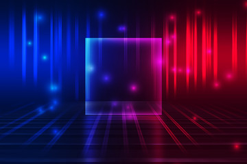 Abstract dark background of empty scene with ultraviolet light. Neon light figures in the center of...