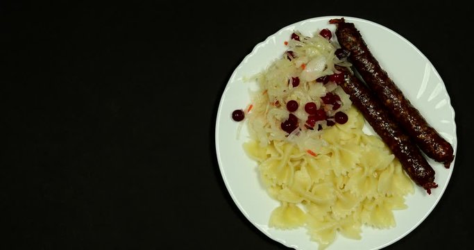 Stop motion pasta food background and meat sausages.