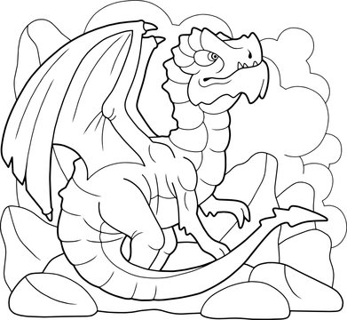 cartoon scary carnivorous dragon went hunting, funny illustration