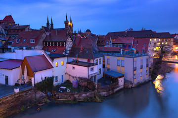 Aerial panoramic view of Old town of Bamberg over the Regnitz river with Michelsberg monastery at...