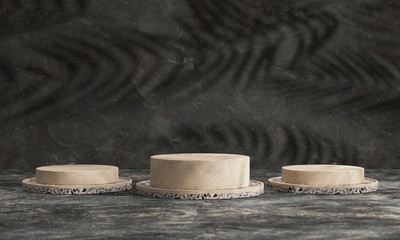 White errazzo podium with shadow of tropical palm leaves. Cosmetic background for product presentation showcase. fashion magazine illustration. 3d rendering - illustration.