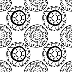 Black and white seamless pattern of decorative circles. Abstract, fantasy items for coloring.