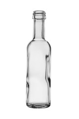 An open empty bottle of clear, colorless glass. Isolated on a white background