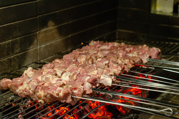 Shashlik lamb kebabs on fire barbecue