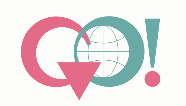 Vector logotype inscription GO dark pink and turquoise letters with a transparent globe inside