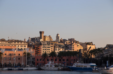 GENOA, ITALY, JANUARY 23, 2020 - View of "Ancient Port" (Porto Antico) area with old city on the background in Genoa, Italy.
