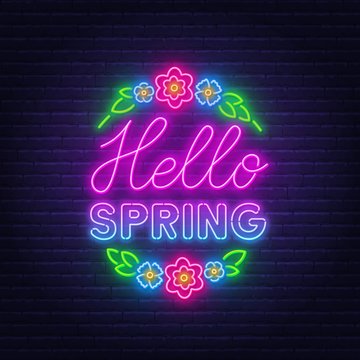 Hello Spring Neon Lettering On Brick Wall Background .