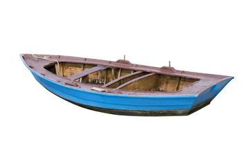 blue wooden fishing boat isolated on white background