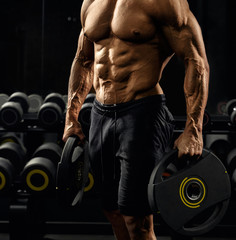 Fototapeta na wymiar Male bodybuilder holding weights.