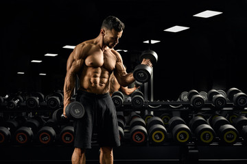 Fototapeta na wymiar Shirtless man building biceps with dumbbell in gym.