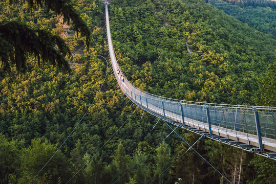 Fototapeta A rope bridge over a deep valley with dense green forests. Geierlay suspension bridge is the second longest in Germany.