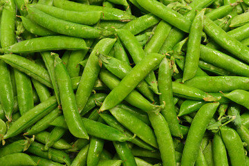 Fresh pea pods as background. Top view.