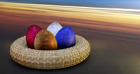 Ostereier in verschiedenen Farben, Osterkorb, Dekoration zum Fest