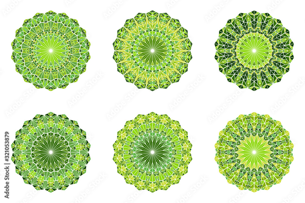 Poster ornate geometrical triangle mosaic mandala set - abstract circular round polygonal vector elements