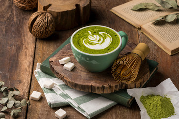 Green tea milked and decorate with dessert.
