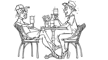 sketch of two cartoon men who drink wine while sitting at a table