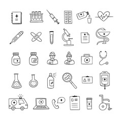 Medical icons set. Vector hand drawn hospital illustrations, signs and symbols. Medicine and health doodles on white background