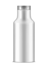 Blank white round cosmetic bottle with flip top cap, realistic mockup. Cylindrical container packaging, vector mock-up