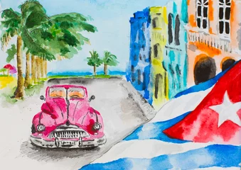 Fototapete Rund Colorful watercolor painting of street in Cuba with buildings, pink vintage car, palms and Cuba flag and palette, brushes and markers © bellefotos