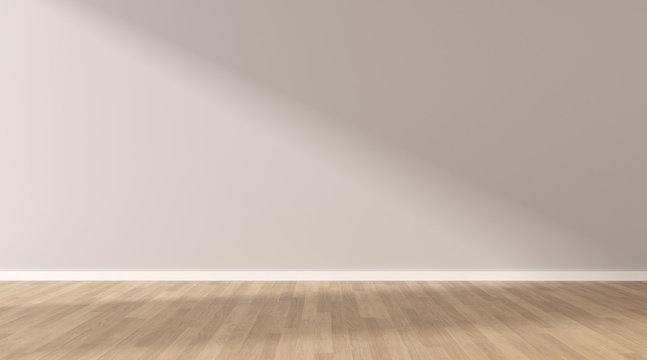 Mock-up of light grey empty room and wood laminate floor with sun light cast the shadow on the wall,Perspective of minimal interior design. 3D rendering