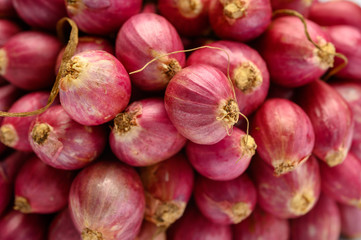 Bunch of small red shallot sambar onions from India