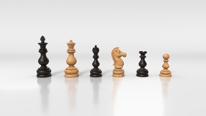 Chess pieces on board. Various pieces in wood and other finish