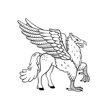 Magical creatures set. Mythological animal - hippogriff. Doodle style black and white vector illustration isolated on white background. Tattoo design or coloring page, Line Art.