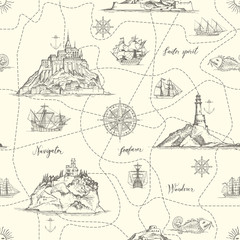Vector abstract seamless pattern on the theme of travel, adventure and discovery. An old hand-drawn map with Islands, dotted routes, lighthouses, sailboats, and handwritten inscriptions in retro style