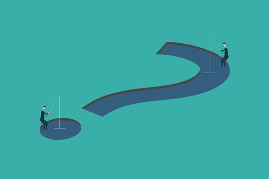 business finance concept. businessman fishing. using problem to hook idea  and question mark. Problem, confusion and challenge . Flat design
