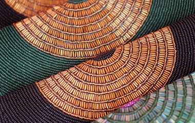 Closeup of Indian woman fancy hand bags or purses ,handmade in display of a shop