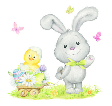 Cute rabbit, lucky, chicken, flowers, Easter eggs. Watercolor concept, on an isolated background, on an Easter theme.