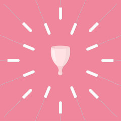 Hygienic women's tampons and menstrual Cup on on pink background. Zero waste concept vector stock illustration.