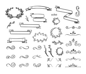 Vector Hand Drawn Doodle Design Elements Set Isolated on White Background, Floral Drawings.
