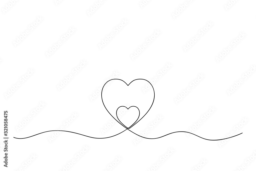 Poster one continuous line illustration of two hearts one inside the second. concept of love. vector.