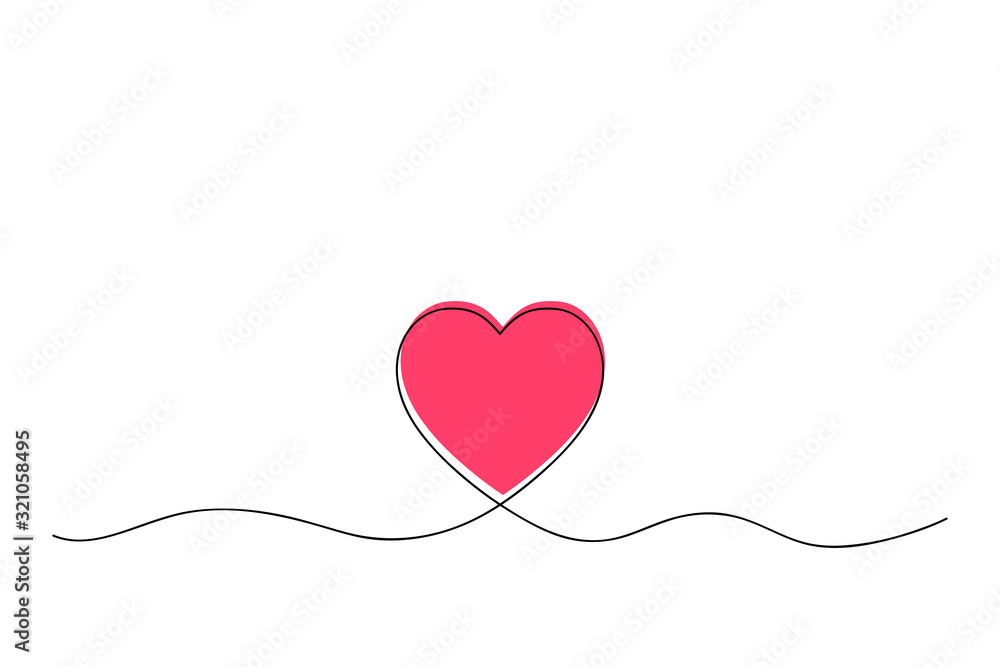 Poster one continuous line illustration of heart with red heart core. concept of love. vector.