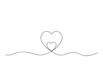 One continuous line illustration of two hearts one inside the second. Concept of love. Vector.
