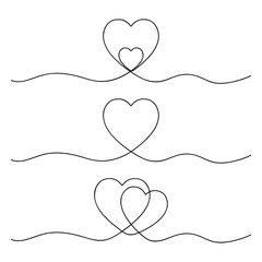 Set of hearts drawn in one continuous line. Concept of love. Vector.